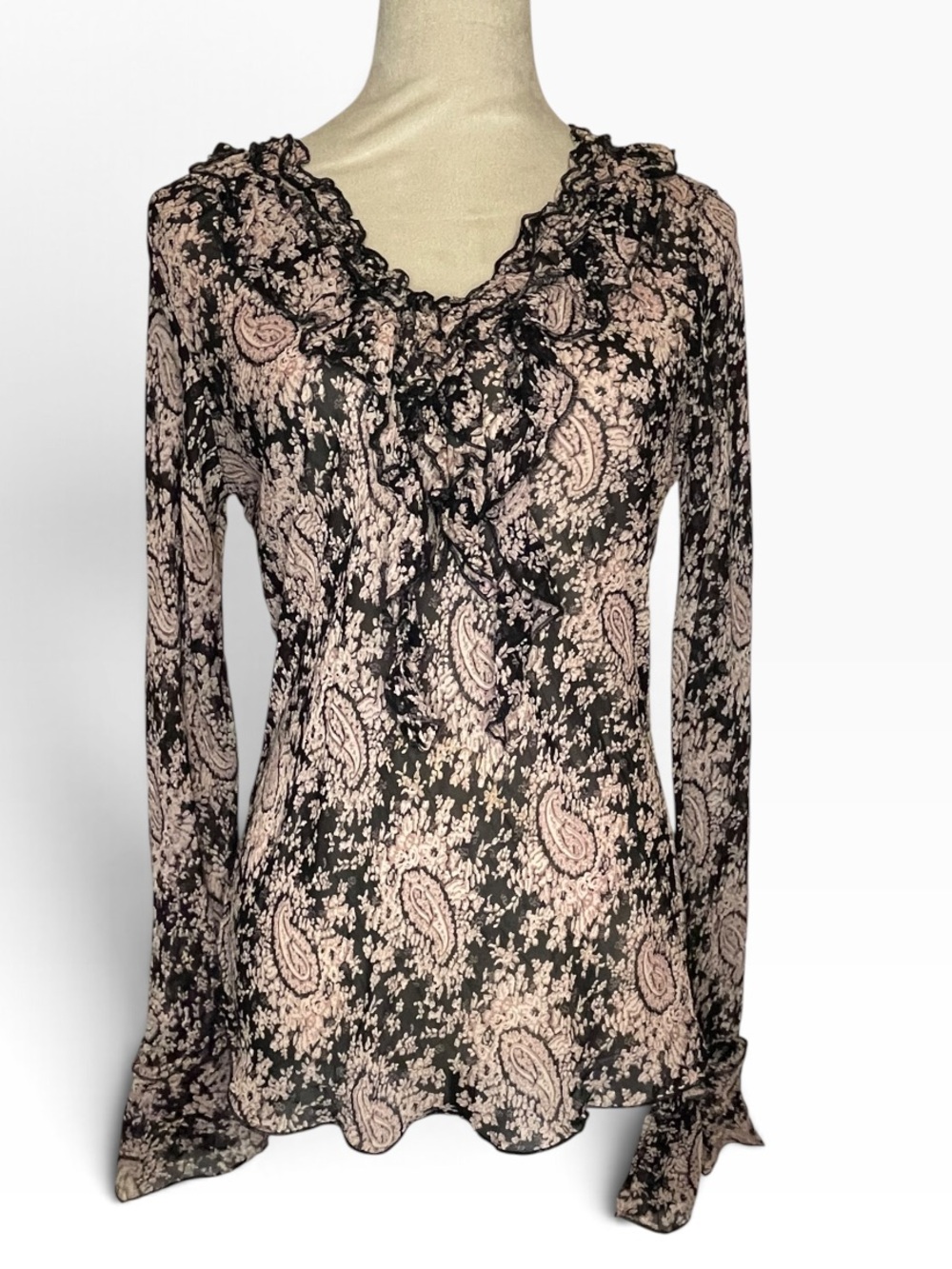 Angie Black & Pink Paisley Ruffle Bell Sleeve Top Vintage 90s, Y2k